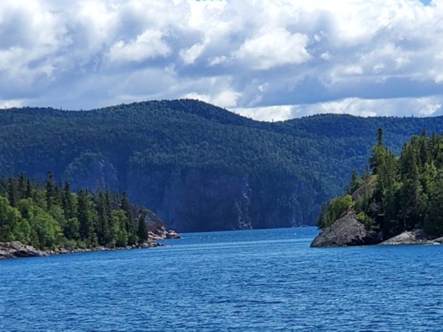 View of Old Woman Bay Cliffs, from Brule Harbour, Lake Superior Prov. Park